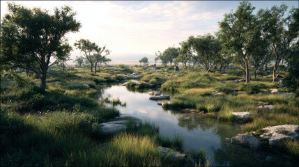 Obraz premium Peaceful natural wetland with green trees, grass, and calm water reflecting sky