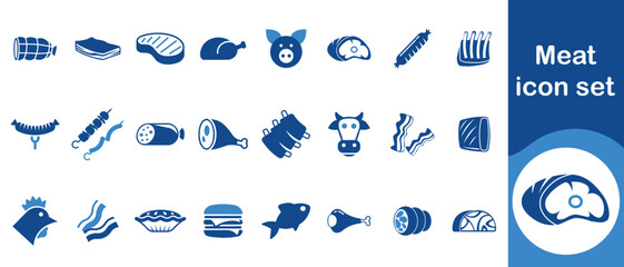 Meat icon set, fillet, chicken, rack of lamb, meatball, sign, sausage, pie, pig, lobster, salmon, salmon sushi, goat, pack, knife, burrito, turkey, chicken legs and more