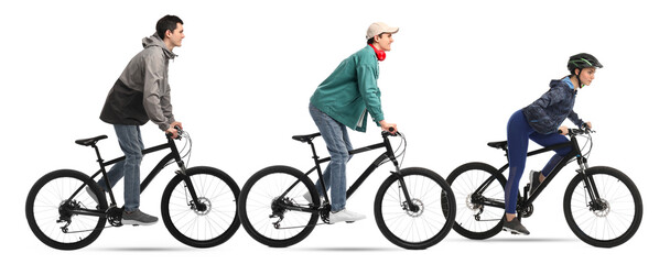 Obraz premium Young man and woman riding bicycles on white background, collage