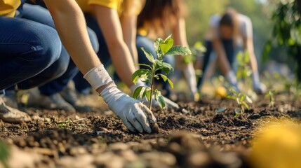A group of people celebrating Earth Day by planting trees on blur background 