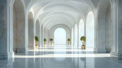 Obraz premium Elegant sunlight over classical marble hallway. Arched colonnade with topiary trees exudes timeless sophistication. Perfect for architectural showcases or luxury branding.