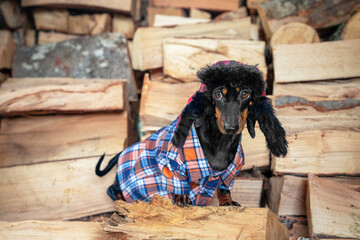 Adorable dachshund dressed in a plaid shirt poses among stacked firewood logs, capturing a cute and rustic scene. ideal for themes of pets, fashion, and nature.