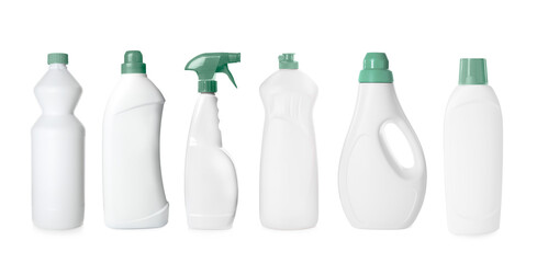 Bottles with detergents isolated on white, set
