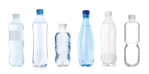 Plastic bottles with water on white background, set