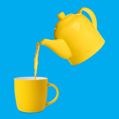 Pouring tea from yellow teapot into cup against blue background