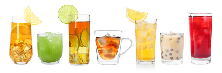 Iced tea. Different types of drinks in glasses isolated on white, set