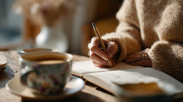 Person writing in journal with coffee cup on wooden table in cozy warm setting