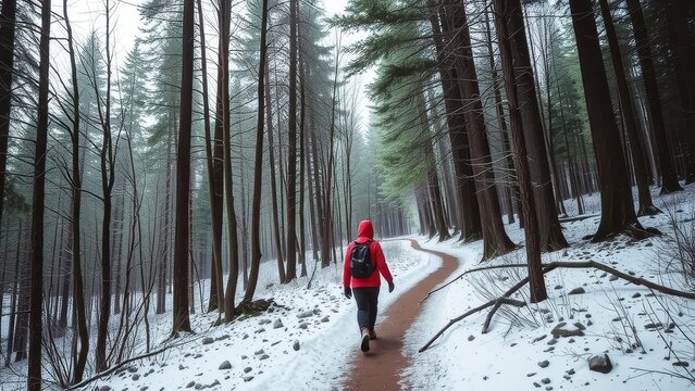 Person in red jacket hiking a snowy trail through a dense forest, winter scene