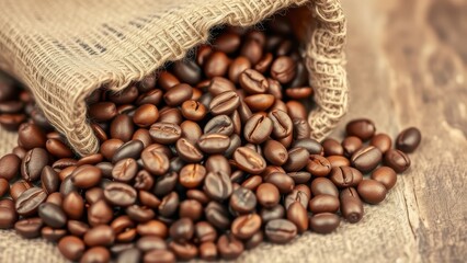 Fototapeta premium Coffee beans spilling from a burlap sack onto a rustic wooden surface