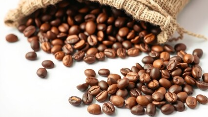 Fototapeta premium Coffee beans spilling from burlap sack on white surface, close-up shot