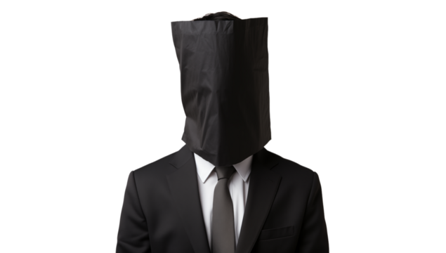Anonymous Businessperson: Concealed Identity, Paper Bag on Head, Corporate Secrecy transparent background png - Powered by Adobe