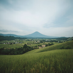 Fototapeta premium Rice Fields and Mountain View from Hilltop