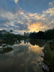 Lake park view silhouette at sunset in Istanbul, Turkey.
