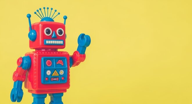 Vintage Red Robot Toy on Yellow Background Classic Retro Robot