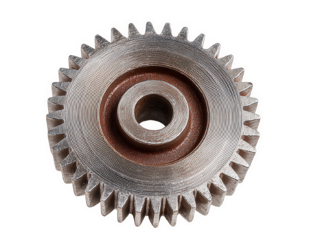 Metal gear wheel isolated on transparency background, industrial mechanical part with sharp teeth, circular shape, silver color, used in machinery, engineering, and manufacturing