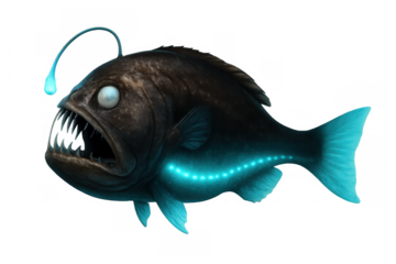 Side view of a bioluminescent anglerfish swimming in the dark, isolated on transparent background