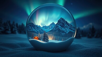 Winter landscape with cabin and aurora borealis inside a snow globe