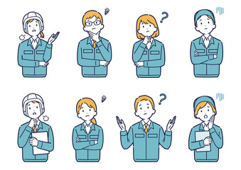 考えたり悩んだりする作業着姿の男女のイラストセット＿上半身