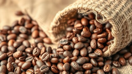 Fototapeta premium Roasted coffee beans spilling from a burlap sack on a textured surface