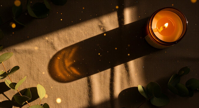 Minimal Flat Lay Candle with Eucalyptus on Linen Bokeh Lights &ndash; Warm Boho Calm Mood Horizontal