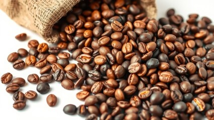 Fototapeta premium Roasted coffee beans spilling from a burlap sack on white background