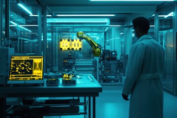 Senior Scientist in Lab Coat Inspects Robotic Arm in Modern Laboratory