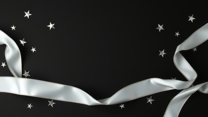 Silver ribbon and star confetti on a black background, creating a festive atmosphere