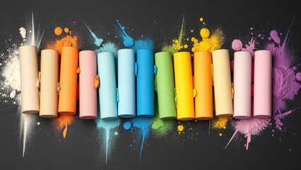 Colorful chalk sticks arranged in a row with pigment powder on a dark surface