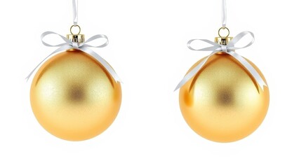 Two gold christmas ornaments with white ribbons against a white background