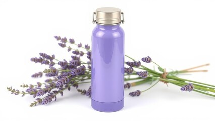 Reusable lavender bottle with stainless steel lid and lavender sprigs on white