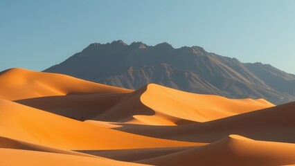 Desert sand dunes stretch to distant mountains under a clear sky, creating a serene landscape