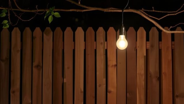 Glowing lightbulb hangs from a branch in front of a wooden fence at night