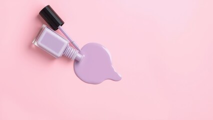 Nail polish bottle with spilled purple liquid on pink background