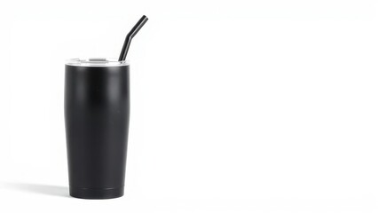 Black tumbler with straw on white background for beverage container concept