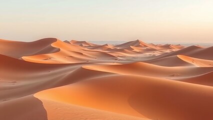 Vast desert landscape featuring rolling sand dunes under a clear sky at sunrise