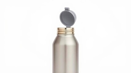 Reusable metal water bottle with an open gray cap on a white background