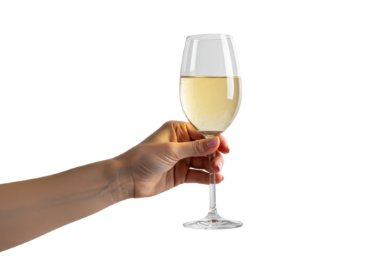 Hand holding a glass of white champagne isolated on transparent background