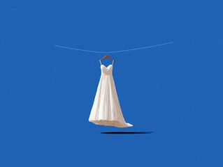 Dreamy Wedding Gown: A solitary bridal dress hangs gracefully, evoking the anticipation and romance of an upcoming wedding against a clean, bright blue backdrop.