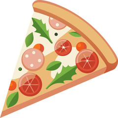Trendy vector of artisan pizza slice with arugula, prosciutto, and cherry tomatoes with white background.