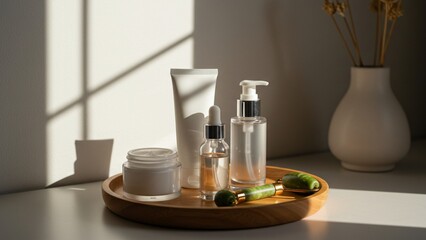 Skincare products for women like moisturizer jar, face serum, and jade roller placed in symmetrical order on a wooden tray