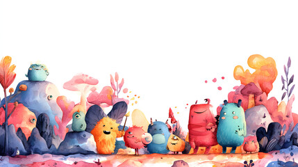 Fototapeta premium group of cute cartoon monsters with different cartoon watercolor