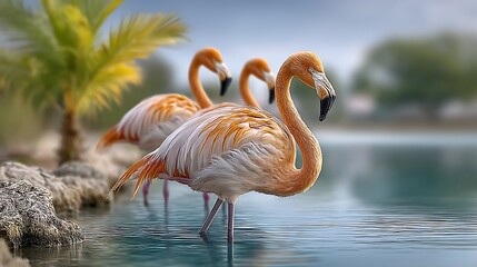 A group of flamingos wading in shallow turquoise waters, their pink feathers glowing in the warm light. .jpg