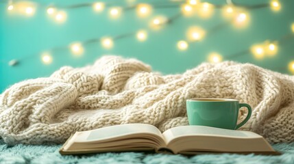 Cozy Winter Evening Tea Book Knit Blanket Lights