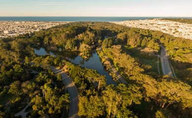 Aerial view of Golden Gate Park in San Francisco, California, USA. The park provides green space...