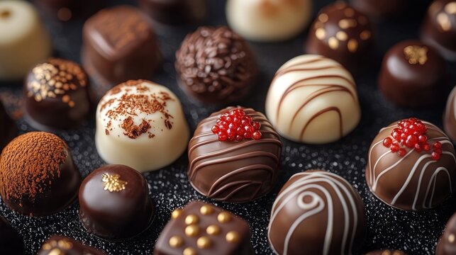 Close-up of many assorted gourmet chocolates. Various shapes, colors, and textures of dark, milk, and white chocolate truffles and bonbons. Garnished with cocoa powder, edible gold, and red berries.