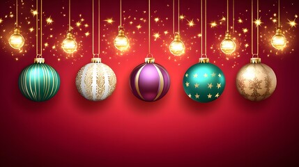 Obraz premium Elegant Christmas Ornaments Red Background Glowing Lights Festive Holiday Decoration