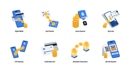 Modern Isometric Fintech Icon Set. Digital Wallet, Secure Payment, P2P Transfer, QR Code, Blockchain, Card and Tap to Pay. Editable Vector for App, Web, and UI Design.