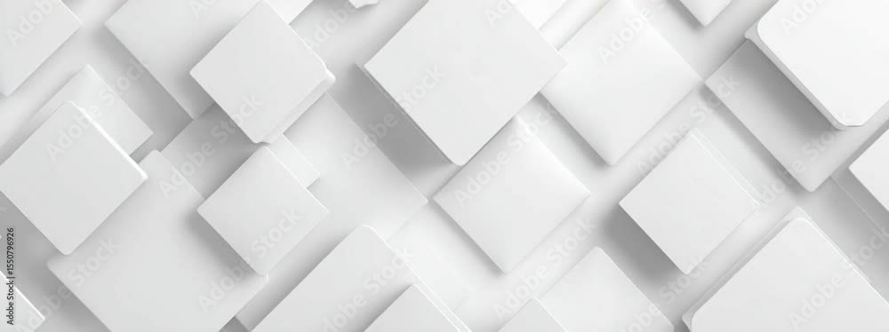 Poster white background with 3d squares arranged in an abstract pattern, creating a minimalist and modern d