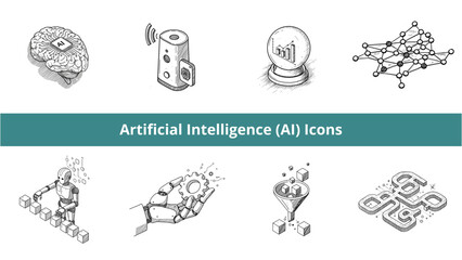AI Concept Icons, hand-drawn isometric sketch, black and white, depicting artificial intelligence, machine learning, and automation for technology, data science, and innovation visuals