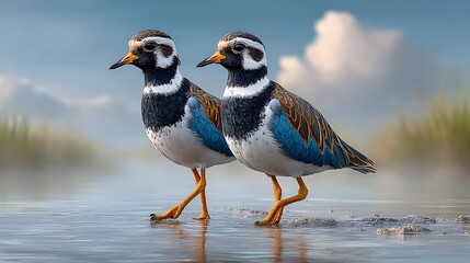 A pair of lapwings wading through a shimmering shallow wetland, soft clouds mirrored in the water. .jpg